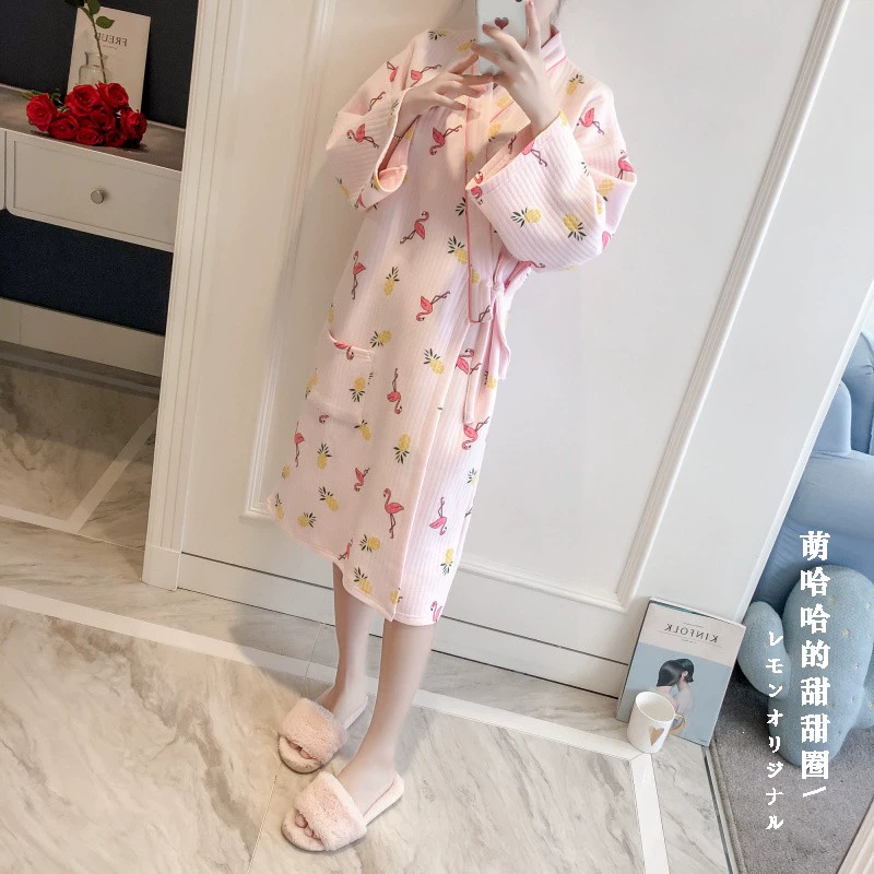 Mùa thu và mùa đông mới chần bông và áo gió kimono pyjama in dứa flamingo cô gái ngọt ngào phục vụ đêm đầm ngủ dễ thương hàn quốc