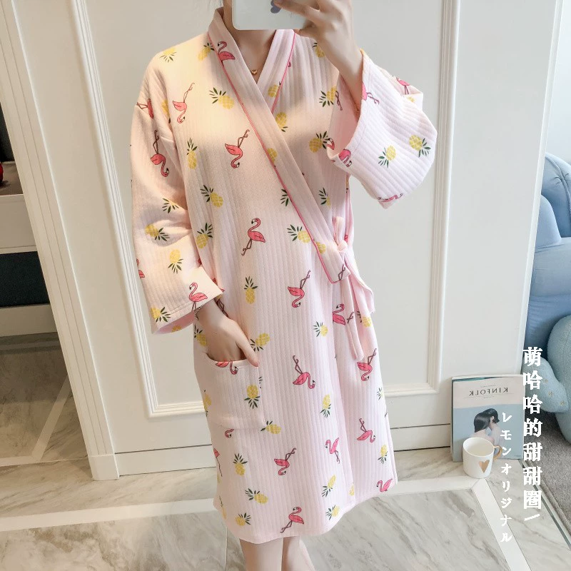 Mùa thu và mùa đông mới chần bông và áo gió kimono pyjama in dứa flamingo cô gái ngọt ngào phục vụ đêm đầm ngủ dễ thương hàn quốc