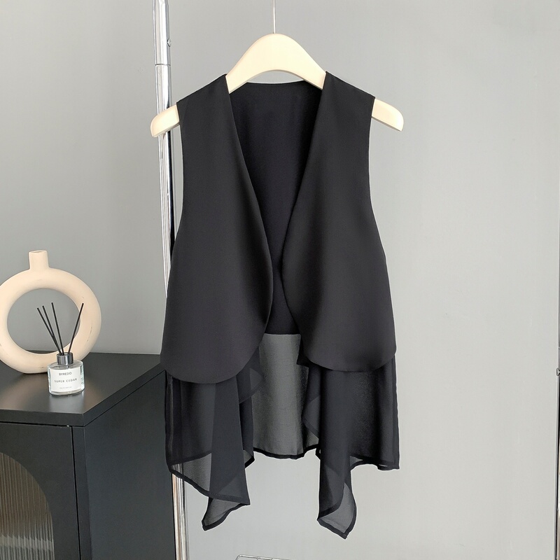 Irregular Chiffon Vest for Women, Thin Style, 2025 Summer New Sleeveless V-Neck Mid-Length Vest, Outerwear Cardigan