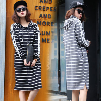 2024 Spring New Style Striped Hooded Pullover Sweatshirt Women's Long Sleeve Over Knee Large Size Student Casual Dress