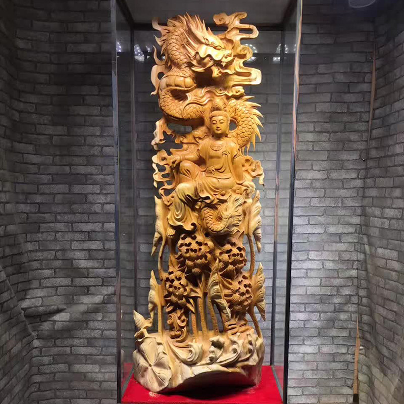 Wood Yugen Carving Factory Xianglong Wulian Zizai Guanyin Household Supplies Office Ornament Buddha Statue Carving Direct Sales