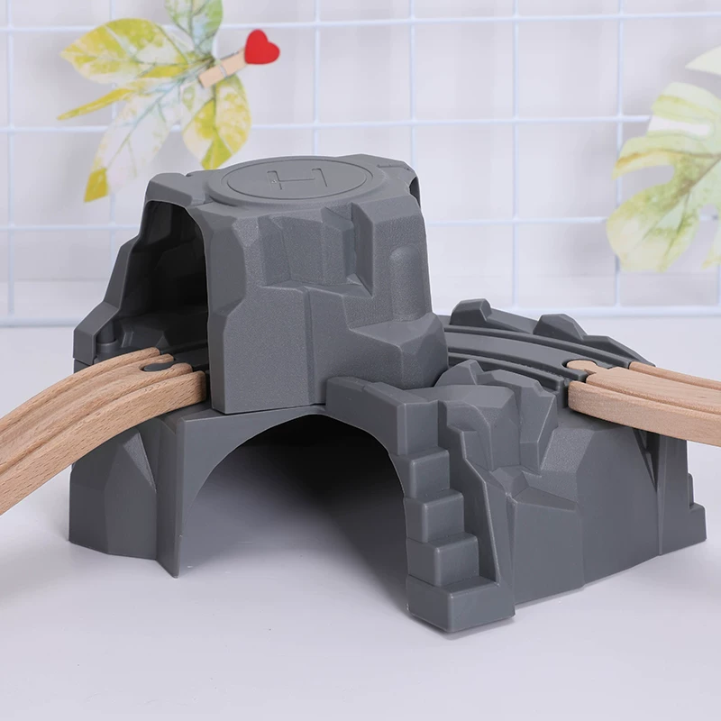 Wooden train, constructor with accessories railed, realistic double-layer tunnel, toy