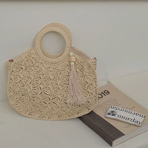 Покупка товаров Новая старинная соломенная плетеная сумка с кисточками, многофункциональная ручная плетеная сумка в лесном стиле, косая сумка из ротанга на одно плечо, пляжная сумка для отпуска