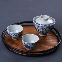 Jingdezhen hand-painted Kangxi blue and white antique lingzhilian unsupported bowl handmade Mu Gu ceramic tea bowl kung fu tea