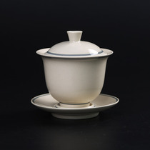 Jingdezhen blue and white ceramic hand-painted bowl retro grass ash glaze kung fu tea set double line three Cai tea bowl tea cup