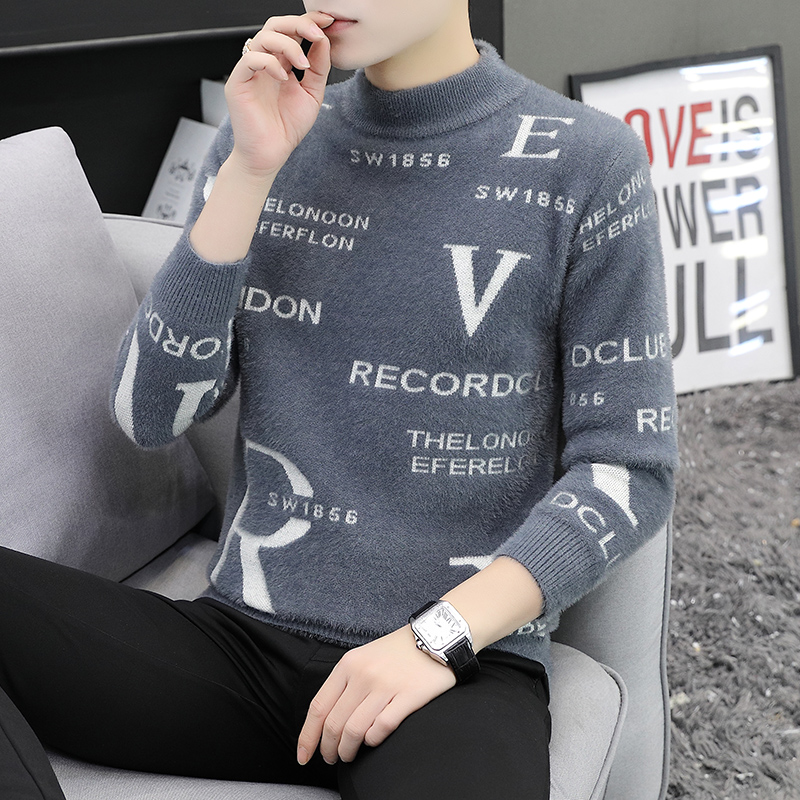Mink sweater male semi-high-collar puppet male junior high school students warm handsome knitting sanitary suit