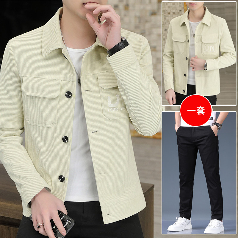 Corduroy jacket men's two-piece spring and autumn Korean version trend slim solid color casual lapel work jacket men's suit