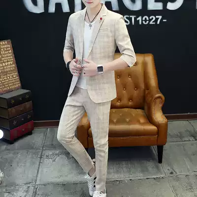 Plaid suit suit men's spring and summer thin Korean version slim trend handsome mid-sleeve small suit men's two-piece suit