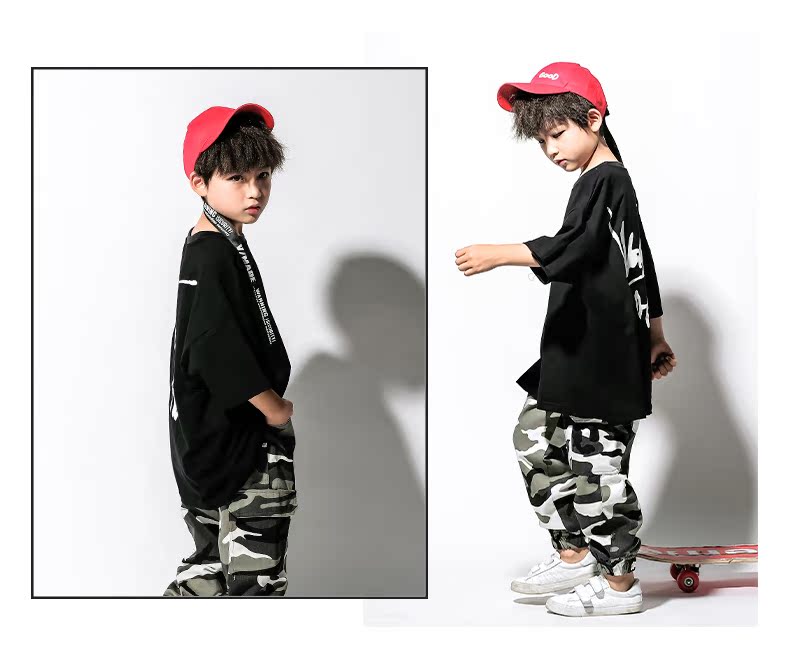 Trẻ em hiphop quần áo rộng bé trai nhảy đường phố hip hop phù hợp với mùa hè cậu bé biểu diễn sân khấu quần áo hiệu suất thủy triều trang phục biểu diễn cho bé