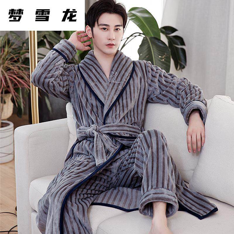 Men's sleepwear long-style lovers pyjamas, women's autumn winter plus suede thickened flannel bathrobe winter coral 1224b-Taobao