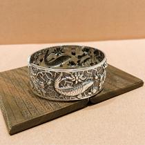 Fus pure silver 999 retro bright old personality ethnic style large wide relief fish playing in lotus pond open sterling silver bracelet