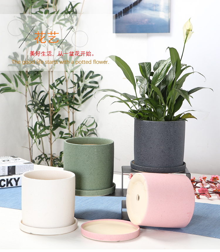 Cylinder contracted ceramic flower POTS with tray package mail extra large wholesale money plant bracketplant sitting room balcony flowerpot more meat