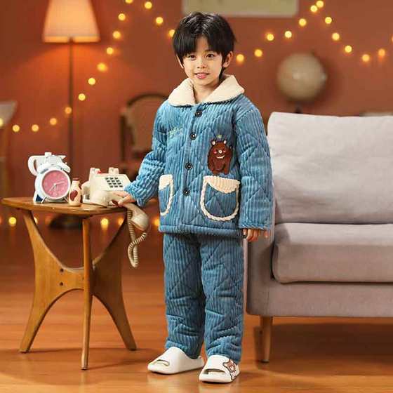 Children's flavored pajamas Winter boys and girls coral velvet winter plus velvet thickened boy baby three -layer cotton cotton