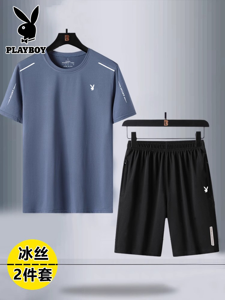 <!--花花公子短袖t恤男夏季冰丝速干运动套装中年休闲宽松爸爸上衣服-->