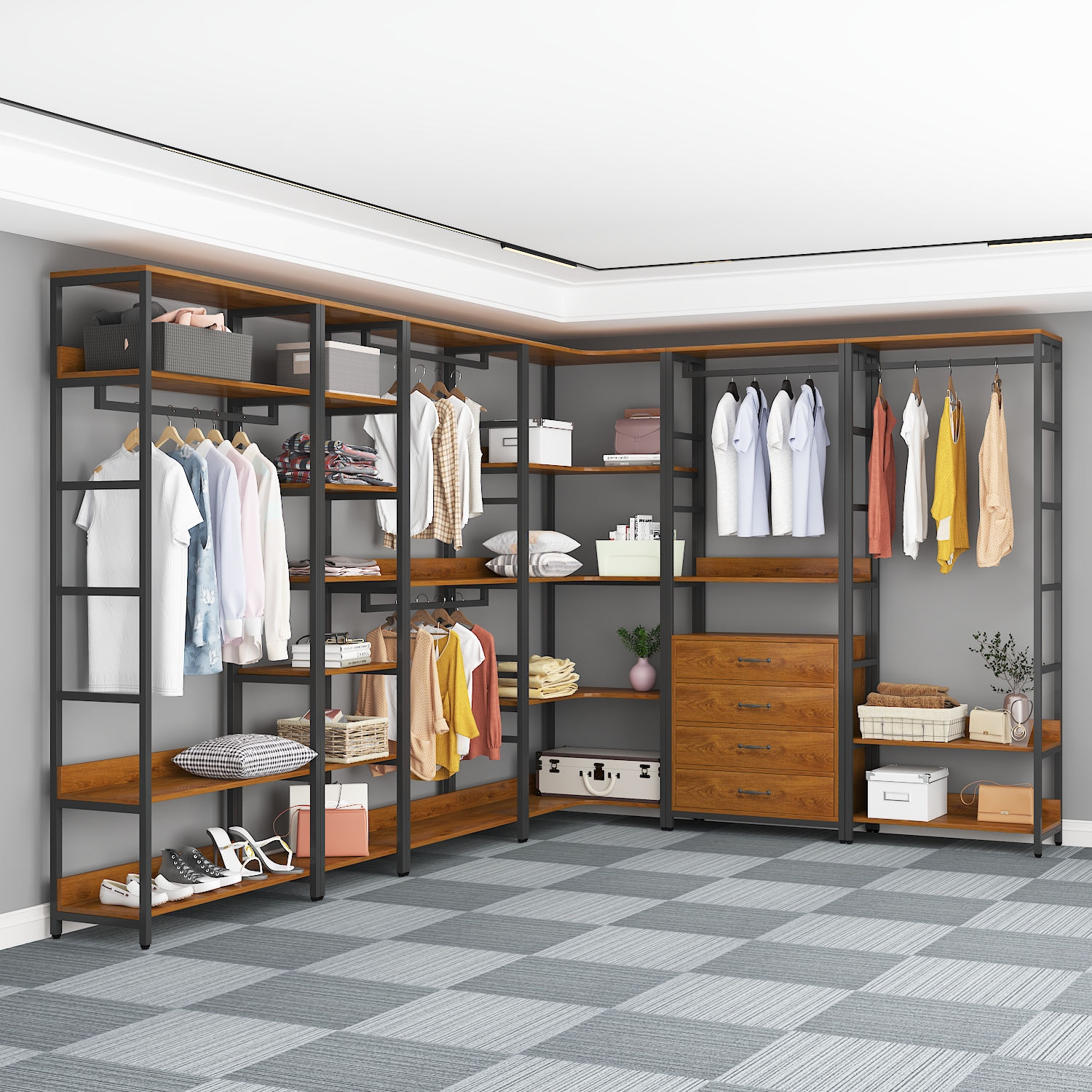 Cloakroom shelf thickened all-steel frame open type plus cotton curtain bedroom metal cloakroom hanging clothes rack