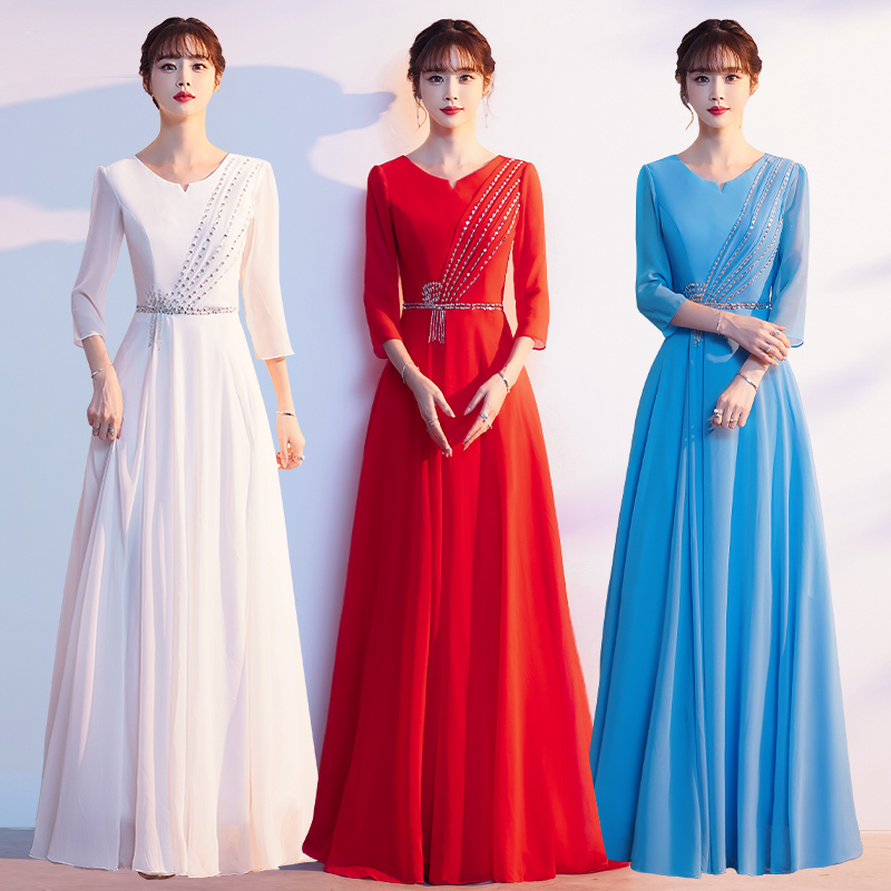 Choir Performance Costumes Adult Poetry Recitation Red Song Competition Stage Performance Costumes Host Dress Women