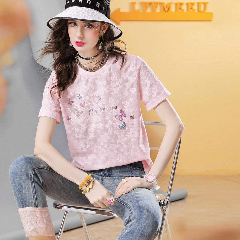 2024 New Summer Style Round Neck Thin Trendy Brand Niche Pure Color Short-Sleeved Women's Tops Elegant Diamond T-Shirt J901