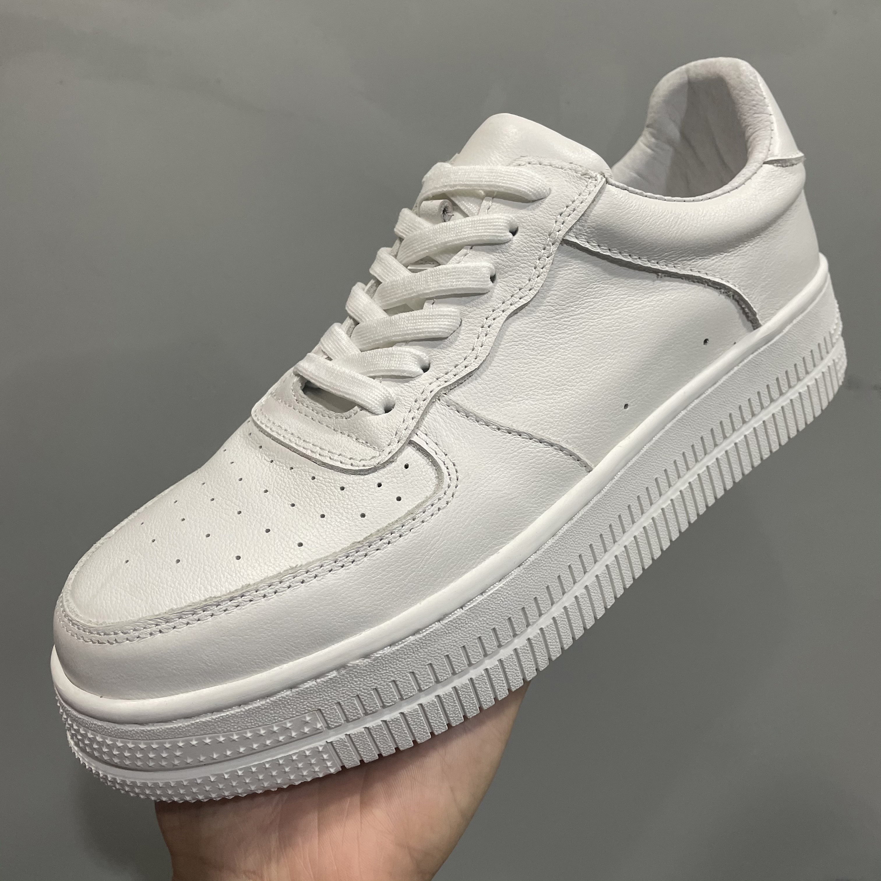 Tide brand leather small white shoes genuine leather European station lace-up round head breathable cowhide Air Force One af1 board shoes men's thick bottom