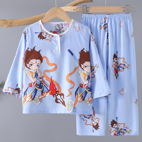 Nezha children's summer pajamas, long-sleeved cotton silk, medium and large children's pajamas, home clothes, boys and girls, air-conditioned clothes suits
