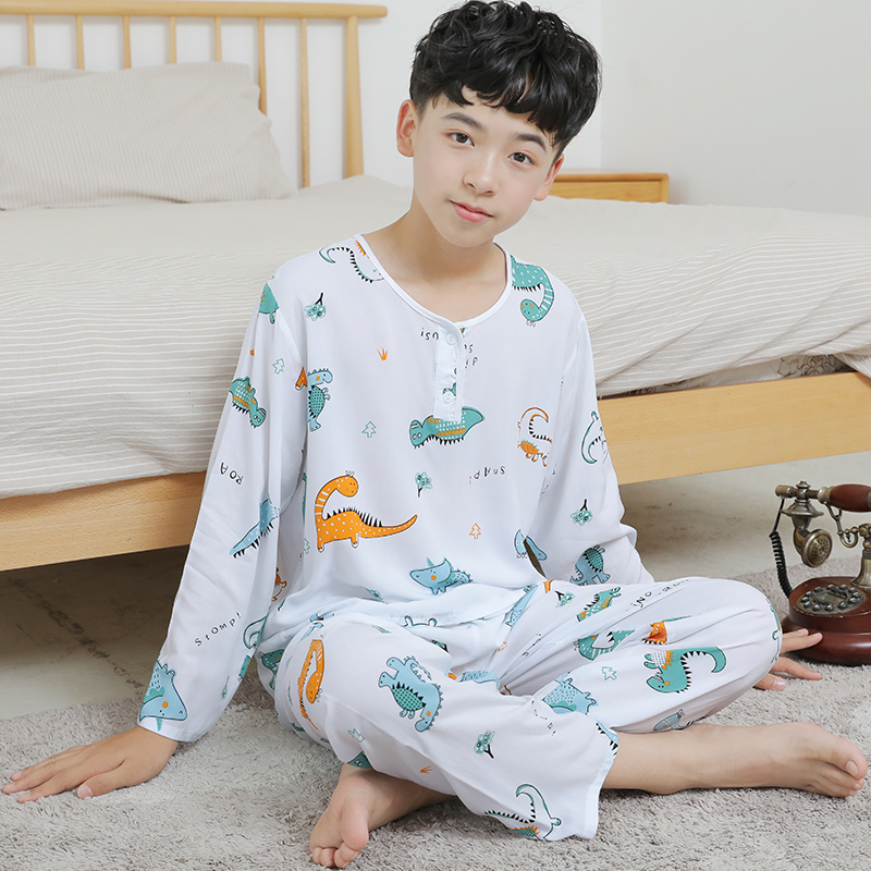 Loose-Fitting Thin Summer Cotton Pajamas Set for Teenagers, Boys, and Students with Long Sleeves