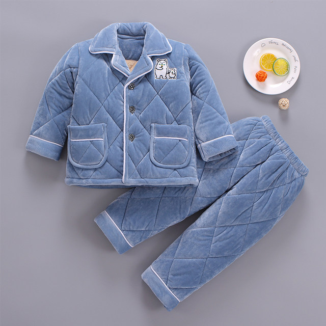 Winter children's pajamas thickened coral fleece plus velvet three-layer quilted boy boy flannel home clothes winter