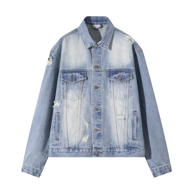 SANBAI ສາມຮ້ອຍຮູສະຫມໍ່າສະເຫມີ stiff washed denim jacket ຜູ້ຊາຍເສື້ອ jacket ສີຟ້າສົດ