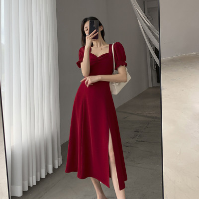 French retro Hepburn high-end split long skirt Royal sister temperament light familiar wind puff sleeve waist dress female summer