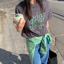 Korean version loose womens short sleeve T-shirt 2022 Summer New pint full cotton flower printed womens dress half sleeve blouse tide asd