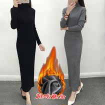 High collar long knee sweater womens winter slim new full body plus velvet thickened warm knitted bottom sweater skirt