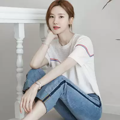 Ice silk short sleeve female spring summer Lou empty net hole bottoming top 2020 new thin loose hollow knit sweater women