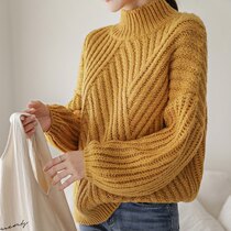 Semi-turtleneck sweater womens pullover autumn and winter New Korean version of loose thickened lantern sleeves coarse wool Net red lazy wind