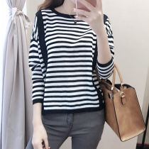 2019 Spring Summer Womens Loose Long Sleeve Ice Silk Knit Pullover Autumn Winter Striped Sweater base shirt Top