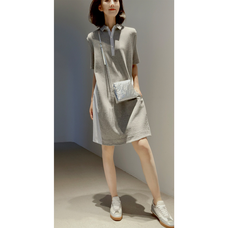 Rongmei [Same Style as Big M/Needle and Thread Stitching/Stripes That Make You Look Slimmer] Miu Style Age-Reducing Casual Polo Collar Dress