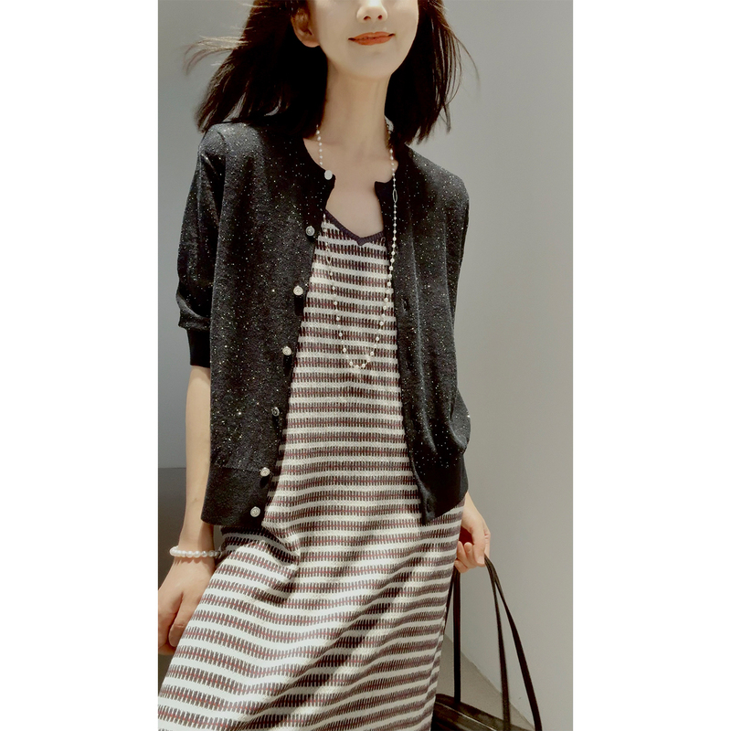 Enjoy the Hot Summer~Shiny Fashionista~[Ultra-Fine Linen + Mini Fine Glitter Beads/No Fringe] Knitted Cardigan