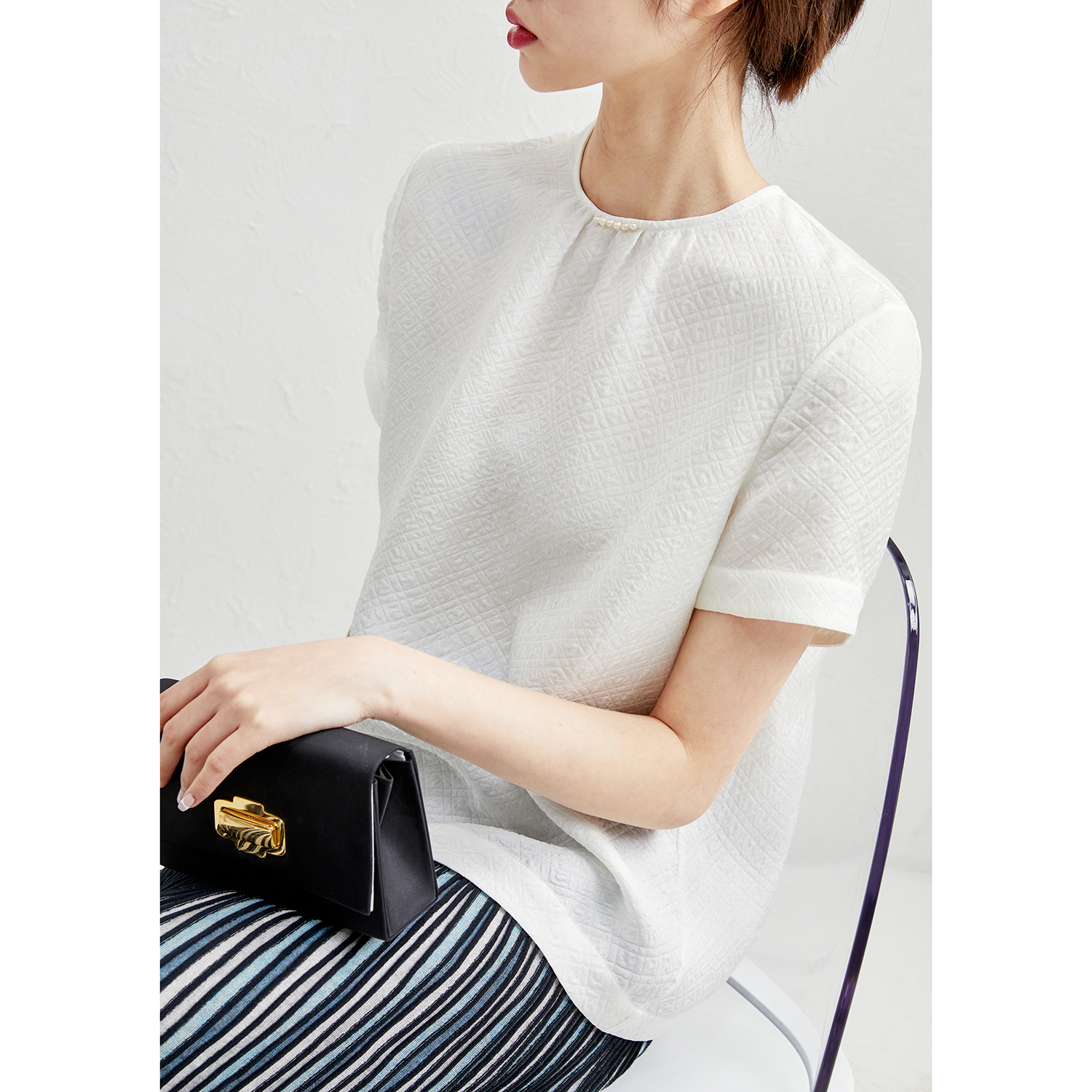 Rongmei (CY0311395) custom texture texture pearl collar silk seersucker mulberry silk top shirt