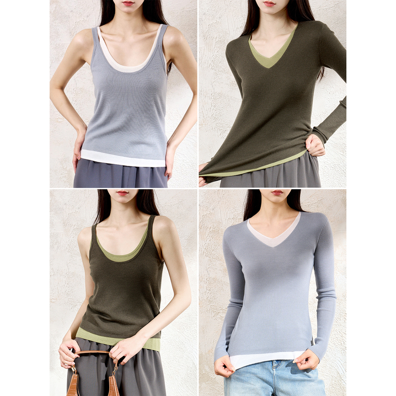 Rongmei Ultra-Fine Wool Paper-Thin Layered Two-Piece Vest/Fake Two-Piece V-Neck Base Layer