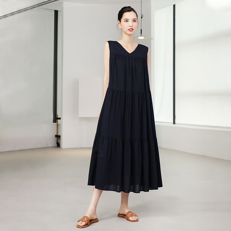 (QZ0425781) Japanese material strong twist cotton V neckline collar 2 wearing fine pleats splicing the fairy-length dress