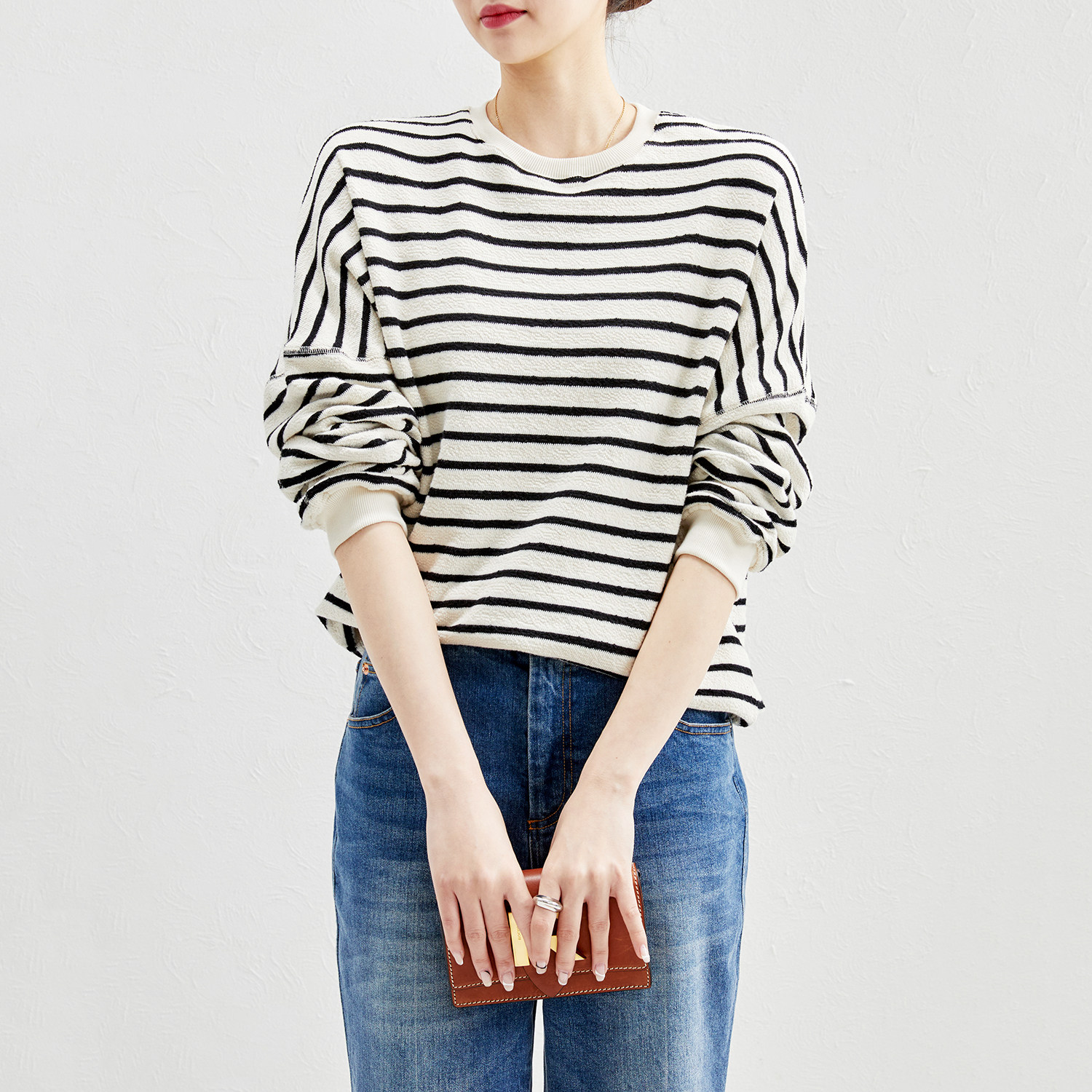 Jung Mei (WT0321461) Spring-autumn-style collision color striped high-quality all-cotton classic long sleeve thick cotton T