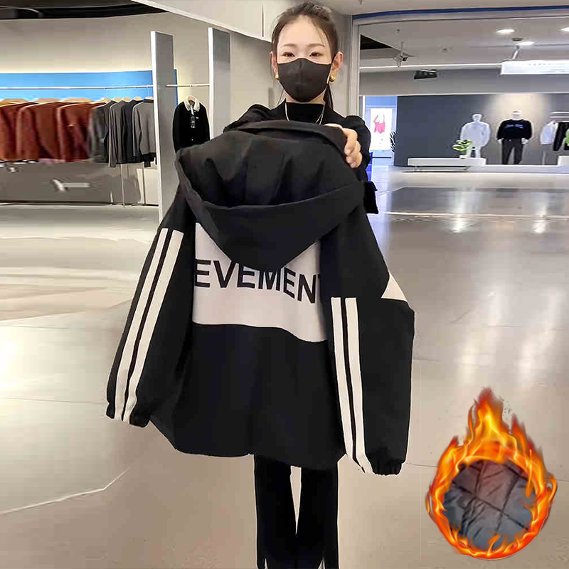 Black High-End Windbreaker Casual Thickened Jacket Autumn and Winter Women's New Cotton Coat Thin Cotton Long Trench Coat Baseball Jacket Trendy