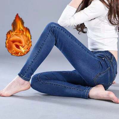 禅羽正品女士高腰修身显瘦加绒牛仔裤