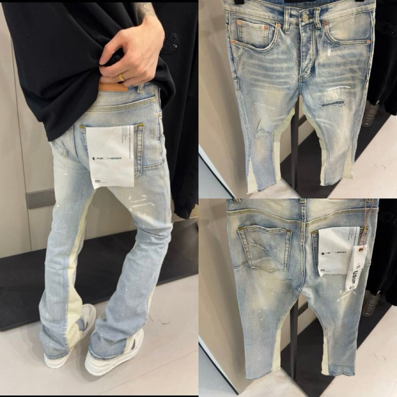26 New American High Street Style Pu Splatter Paint Ripped Light Blue Patchwork Flared Jeans Unisex Influencer Picks Casual Pants