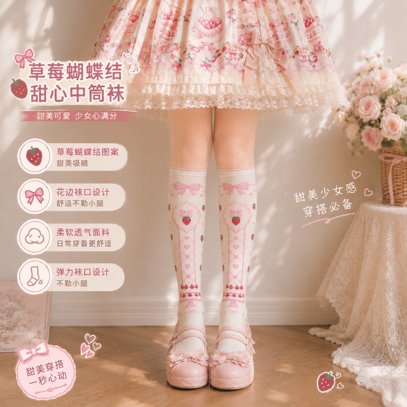 [Strawberry Cake Princess] Pink Strawberry Cake Lolita Stockings for Women, Sweet and Cute Calf Socks, Japanese Style