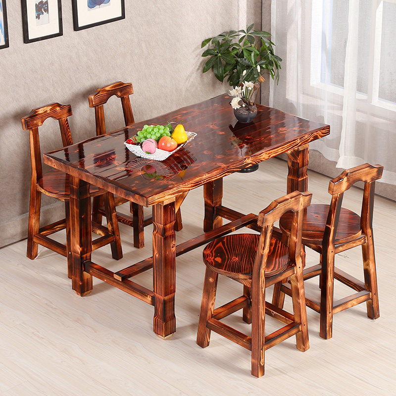 Solid Wood Carbonated Dining Table And Chairs Combined Fire Outdoor Home Balcony Leisure Patio Dining Room Dining Room Hotel Table And Chairs