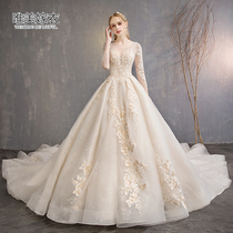 Shoulder wedding dress 2021 new long sleeve Bride wedding princess dream Hepburn Starry Sky Luxury Luxury long tail