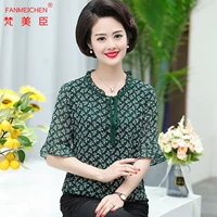 Áo sơ mi nữ trung niên mùa hè voan hoa top 40 tuổi 50 phụ nữ trung niên áo thun ngắn tay nước ngoài nhỏ - Phụ nữ cao cấp đầm u50