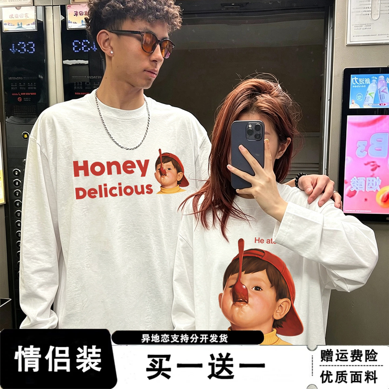 Special Couple Matching Long-Sleeve T-Shirts 2026 New Spring and Autumn High-End Niche American Style Tops for One Man and One Woman Special Couple Matching Long-Sleeve T-Shirts 2026 New Spring and Autumn High-End Niche American Style Tops for One Man and One Woman