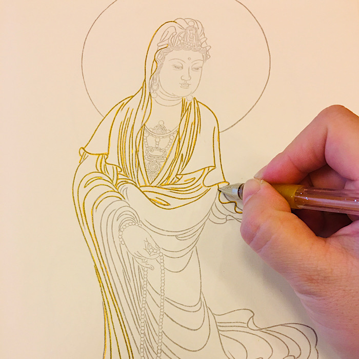 Guanyin statue hand-painted line drawing drawing gold meticulous painting Guanyin Buddha statue line drawing script copy practice material beginner