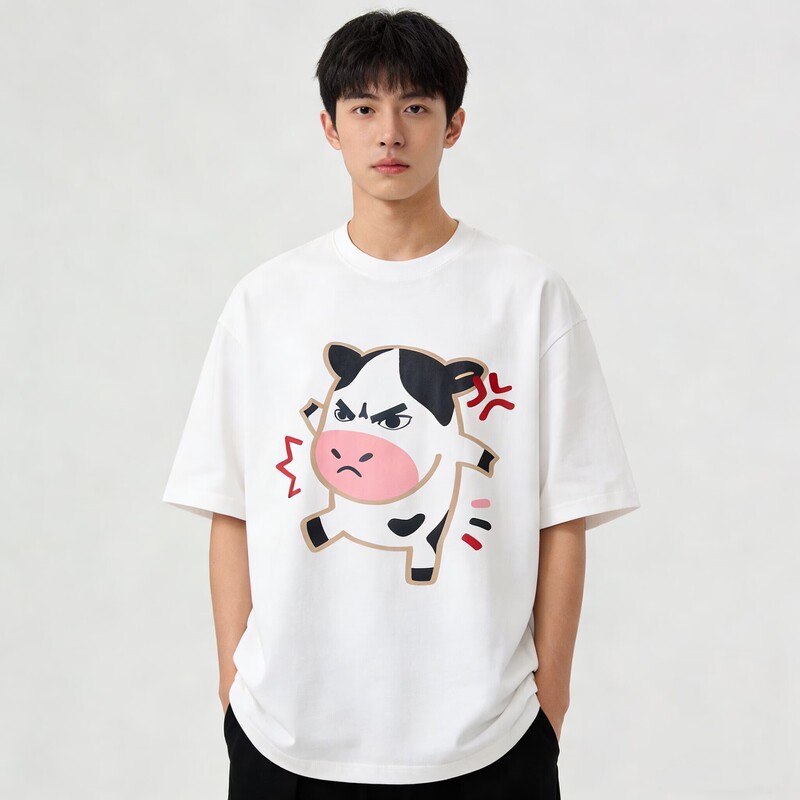 American Fashion Trendy Brand Angry Cow Print Short-Sleeved Pure Cotton T-Shirt for Men and Women, Summer Loose-Fitting Couple's Playful Top