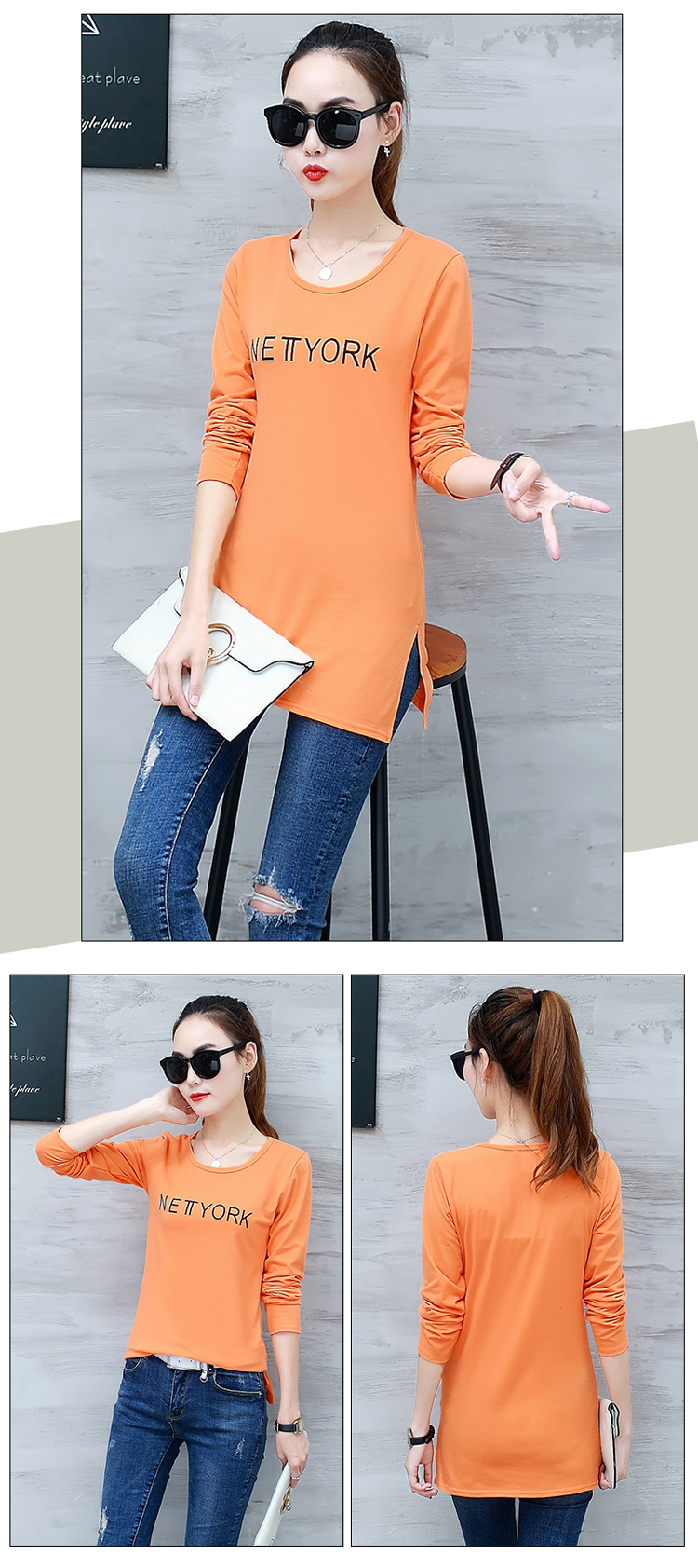 Áo dài tay nhỏ phần dài áo thun cotton chạm đáy áo phông giản dị T có phần giữa mùa thu mặc quần áo mùa thu và mùa thu nữ áo polo nữ form rộng