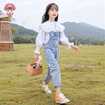 Girl Denim Back Belt Pants Suit Spring Autumn Clothing 2022 New Grand Child Children Ocean Gas Early Birth Girls Two Sets